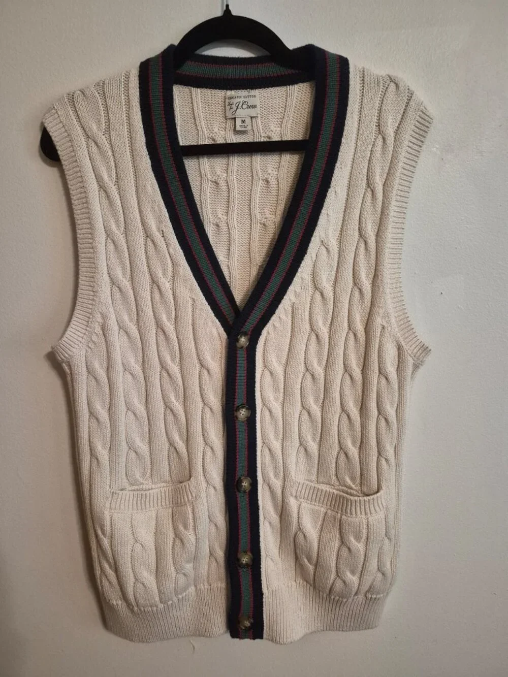J Crew Organic Cotton Grandpa Core Cable Knit V-Neck Cardigan Vest